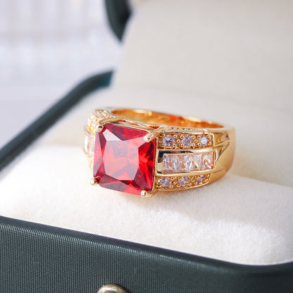 Cross-border Hot Gold-plated Jewelry Men's and Women's Wedding Ring Jewelry Garnet Red Zircon Ring Women's Design Sense Niche Jewelry Trendy