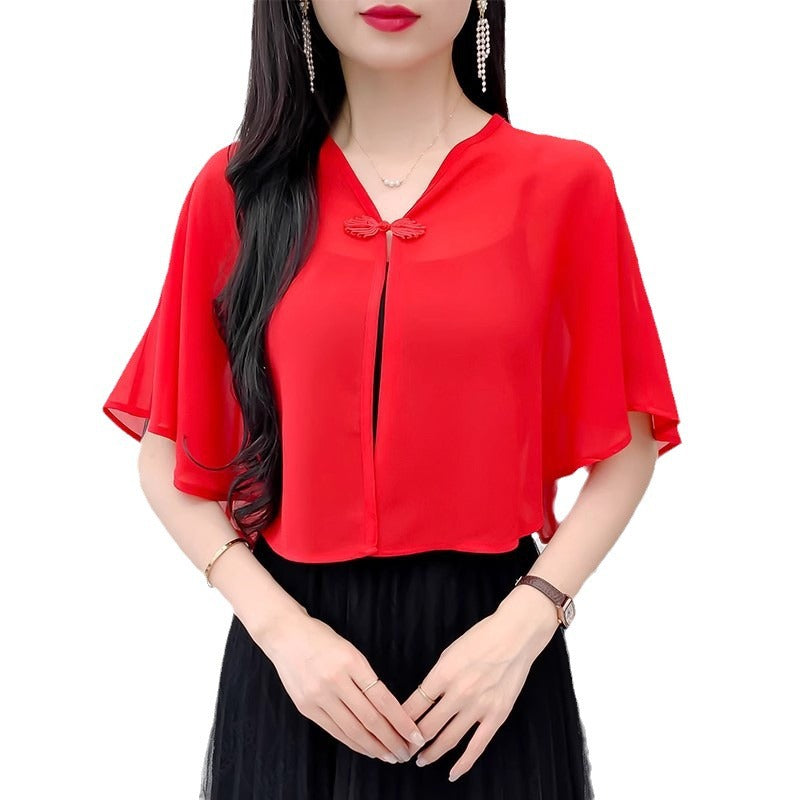 Thin Small Shawl Summer Dress with Sling Skirt Air-conditioning Shirt Women's Cardigan Outer Chiffon Ethnic Style Silver Buckle Small Coat