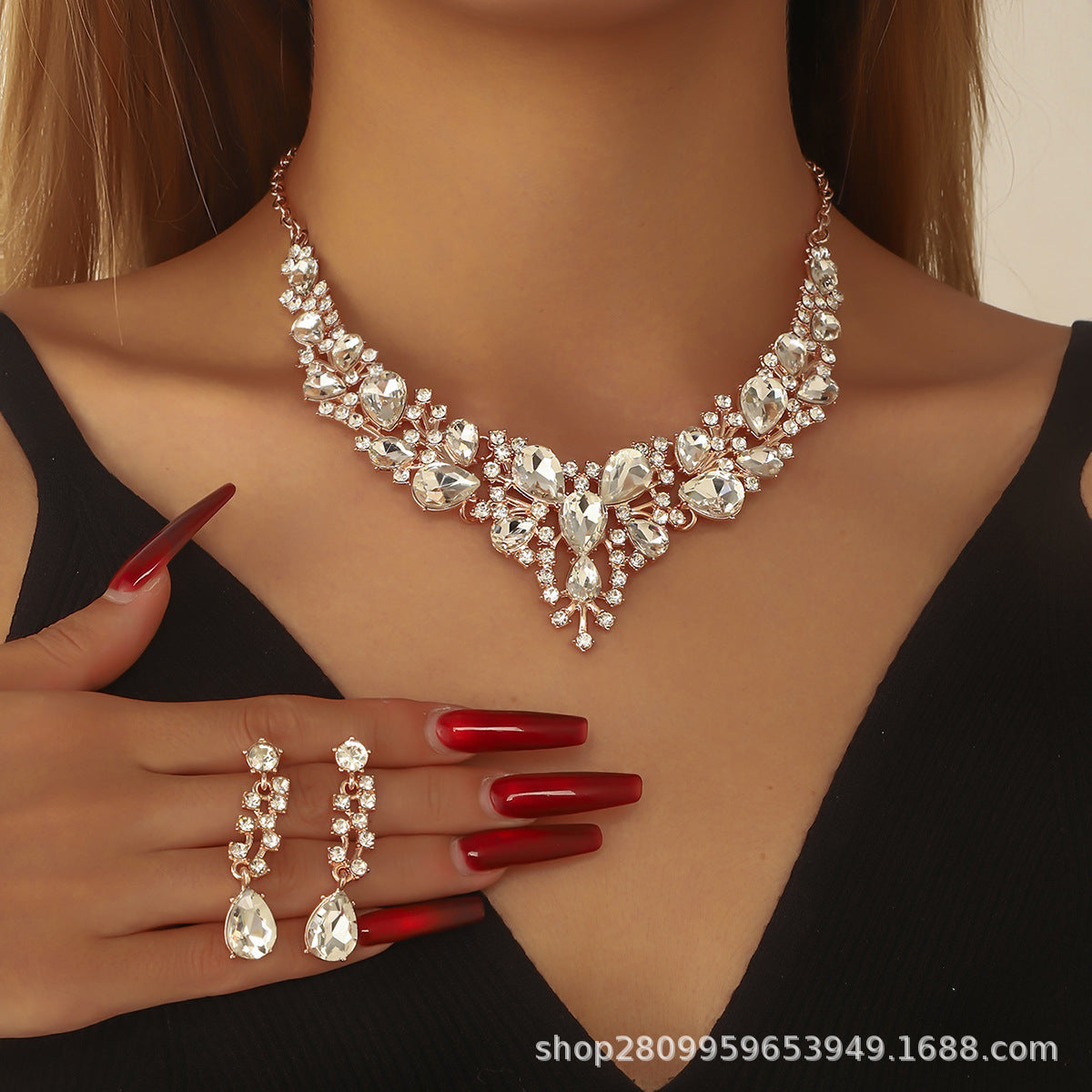 Cross-Border Amazon Jewelry Set Bridal Crystal Accessories Necklace Earrings Two-Piece Set Wedding Dress Women's