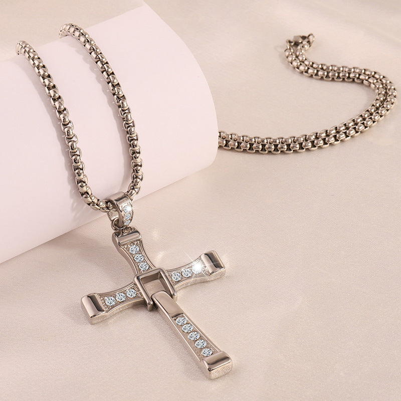Cross-Border New Hot-Selling Fashion Personality Hip-Hop Stainless Steel Diamond Cross Pendant Necklace High-End Versatile Jewelry