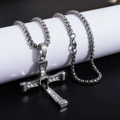 Cross-Border New Hot-Selling Fashion Personality Hip-Hop Stainless Steel Diamond Cross Pendant Necklace High-End Versatile Jewelry