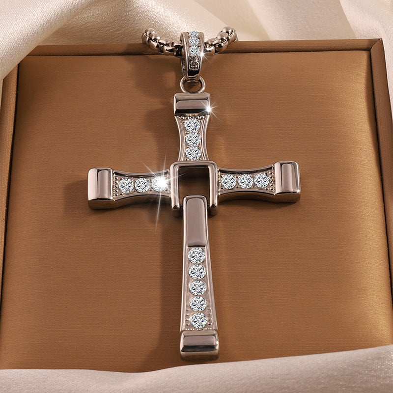 Cross-Border New Hot-Selling Fashion Personality Hip-Hop Stainless Steel Diamond Cross Pendant Necklace High-End Versatile Jewelry