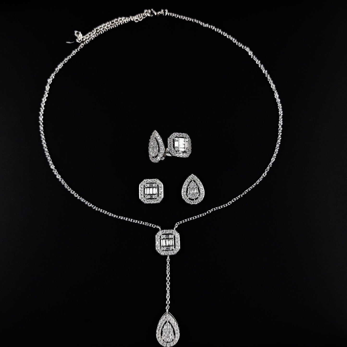 Amazon Fashion Cross-border New Square Long Zircon Earrings Ring Necklace Jewelry Three-piece Set j6138
