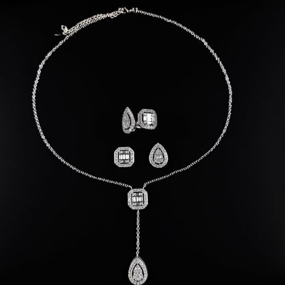Amazon Fashion Cross-border New Square Long Zircon Earrings Ring Necklace Jewelry Three-piece Set j6138