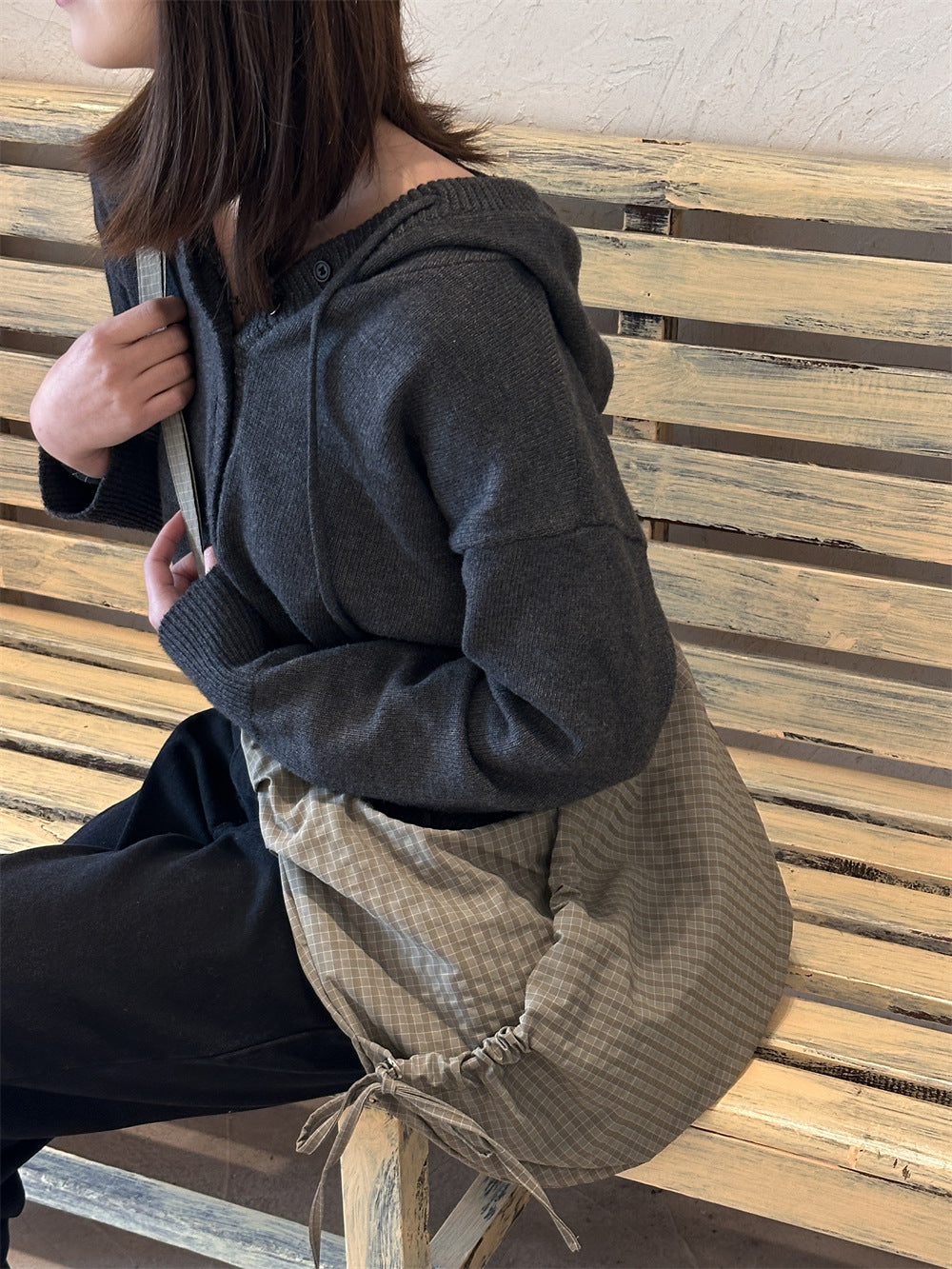 Retro Plaid Hobos Messenger Bags for Women Drawstring Pocket Nylon Dumpling Bag Large Capacity Portable Travel Shoulder Bags