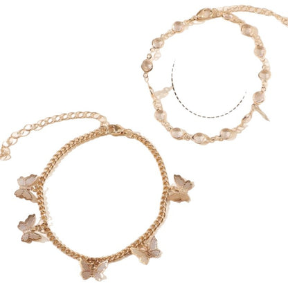 European and American Cross-border Hot Jewelry Rhinestone Butterfly Pendant Double-layer anklet Women's Simple Fashion Foot Jewelry Fashion Accessories