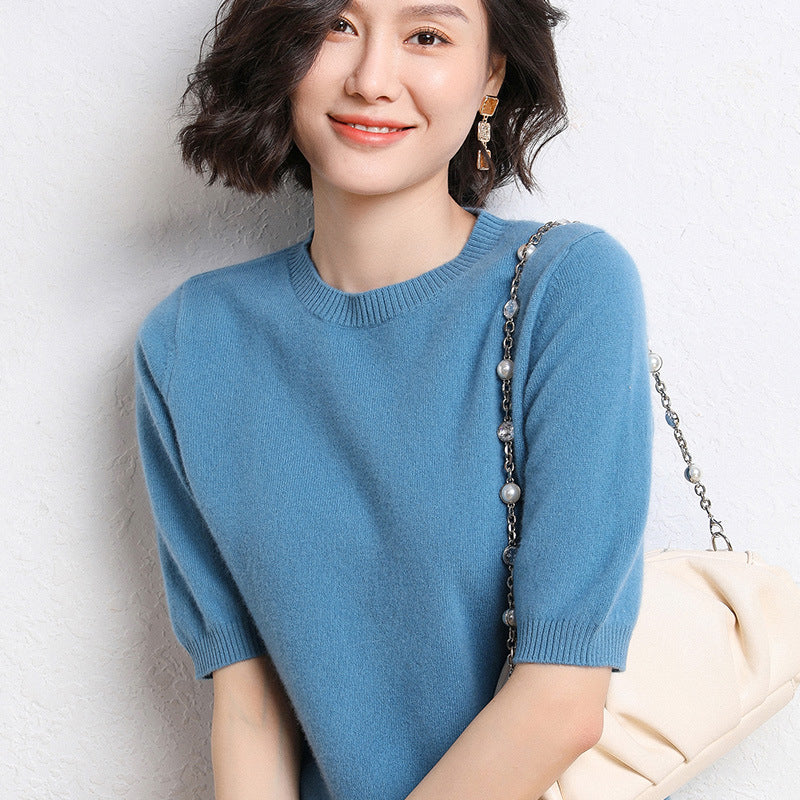 2025 Spring and Summer New Style Knitted Short-Sleeved Women's Round Neck Bottoming Knitted Pullover Half-Sleeved Sweater Loose Bottoming Sweater