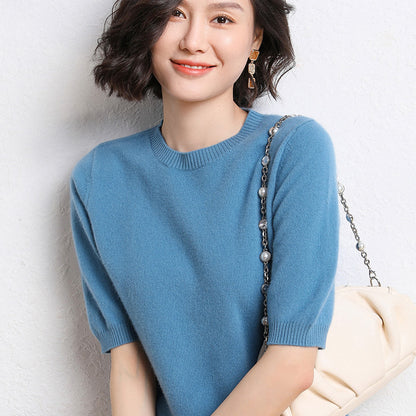 2025 Spring and Summer New Style Knitted Short-Sleeved Women's Round Neck Bottoming Knitted Pullover Half-Sleeved Sweater Loose Bottoming Sweater