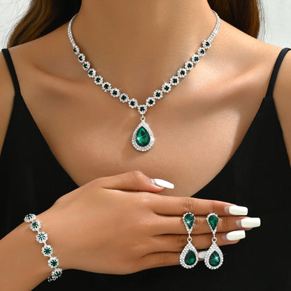 Cross-border Jewelry Explosions Necklace Earrings Bracelet Three-piece Set Full Diamond Flower Bride Jewelry suit Dress Accessories Women