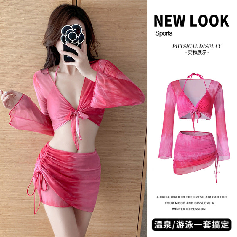 Swimsuit Women's Bikini Four-Piece Split Slimming Look Small Breasts 2025 New Long-Sleeved Hot Spring Girl Swimsuit High-End