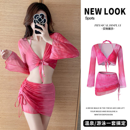 Swimsuit Women's Bikini Four-Piece Split Slimming Look Small Breasts 2025 New Long-Sleeved Hot Spring Girl Swimsuit High-End