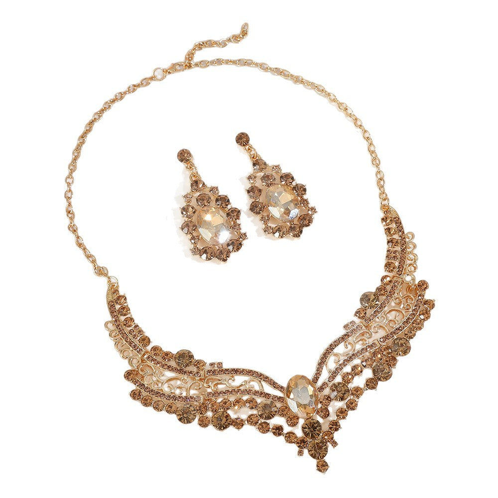 European and American Export Jewelry Bridal Jewelry Accessories Necklace Earrings Set Live Performance Crystal V-Shaped Clavicle Chain for Women