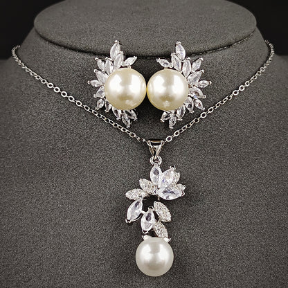 Korean version of high-end hot-selling jewelry European and American luxury pearl zircon inlay necklace earrings e6068-x6063