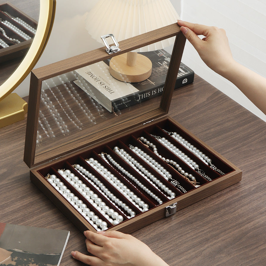 New Glacier Grey Pearl Necklace Storage Box with Lid Glass Dust-proof Long Bracelet Beads Thick Necklace Jewelry Box