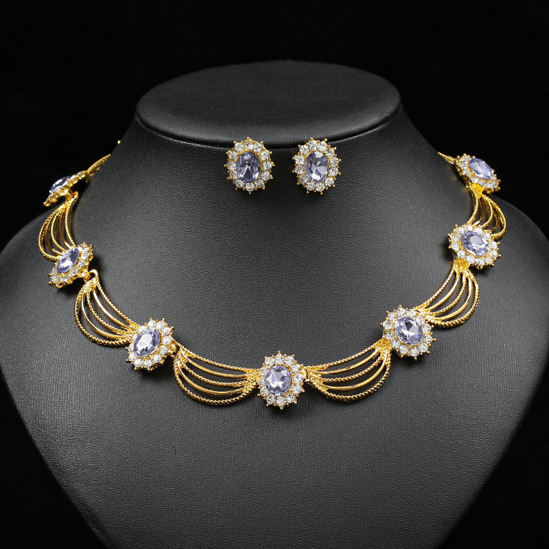 Jewelry Set, Gemstone Necklace, Literary Retro, Medieval Palace Fan-Shaped, Beautiful Popular Necklace, Earrings Set