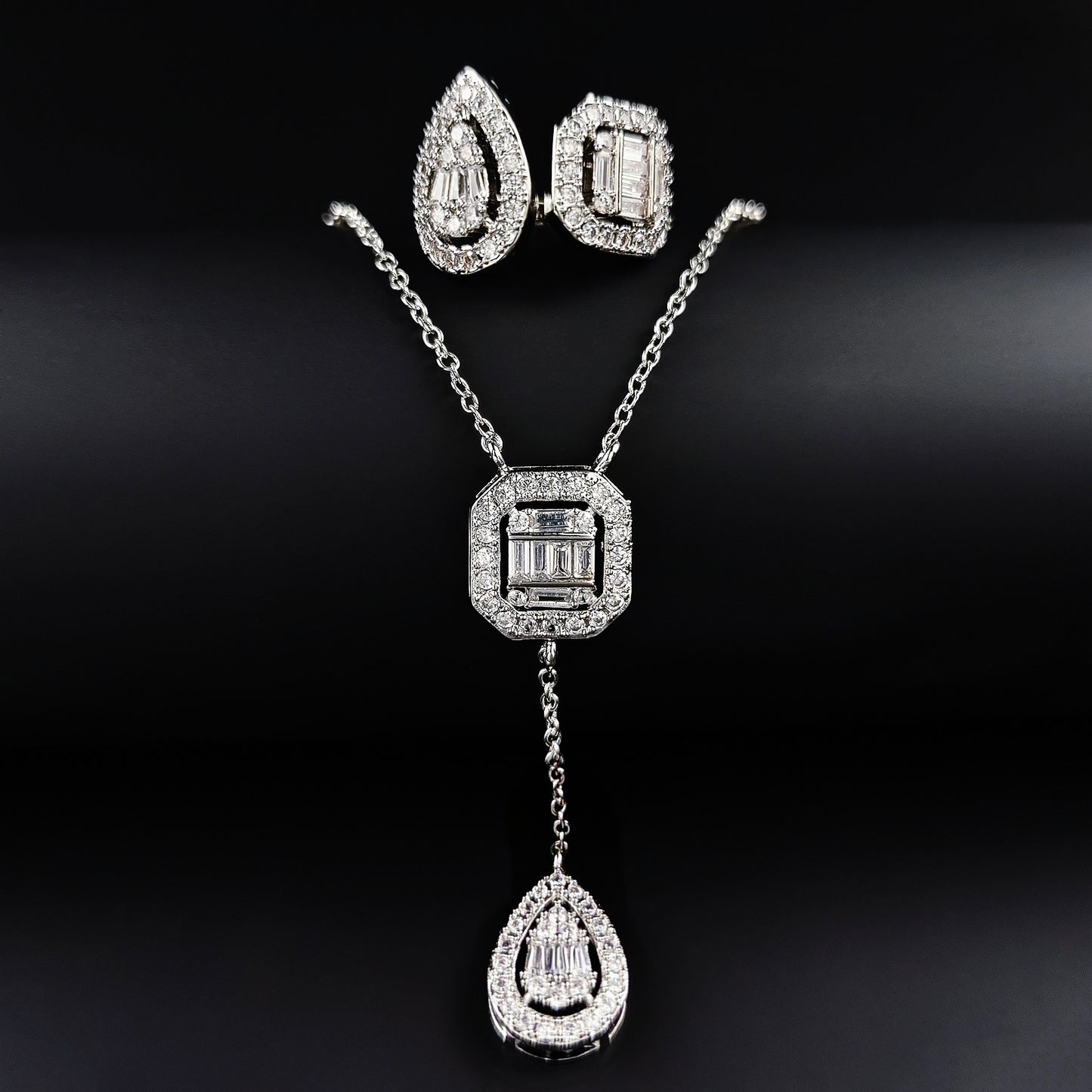 Amazon Fashion Cross-border New Square Long Zircon Earrings Ring Necklace Jewelry Three-piece Set j6138