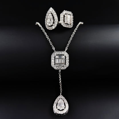 Amazon Fashion Cross-border New Square Long Zircon Earrings Ring Necklace Jewelry Three-piece Set j6138