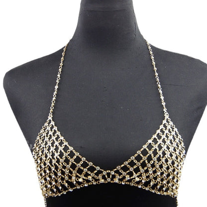 European and American Cross-Border Jewelry Nightclub Style Metal Necklace Bikini Body Sexy Hollow Full Diamond Grid Micro-Inlaid