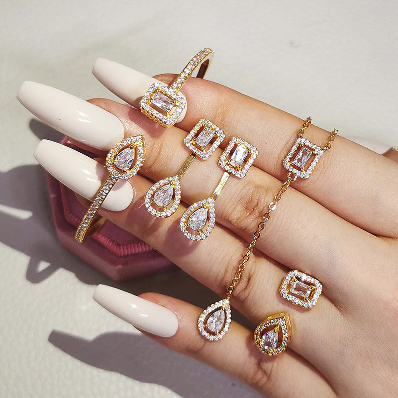 Cross Border jewelry Set Long Zircon Earrings Ring Necklace Jewelry Four Piece Set Hot Sale J6177