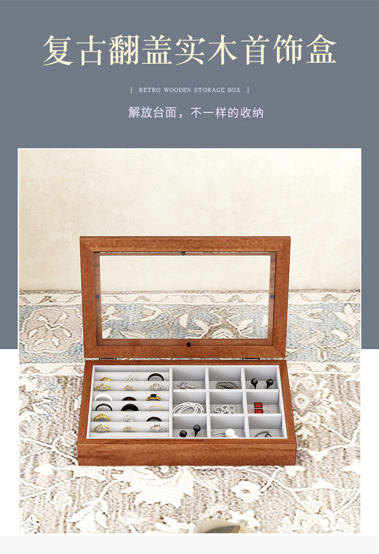 Solid Wood Flannel Jewelry Box Storage Box Ring Necklace Earrings Earrings Desktop Display Box Vintage