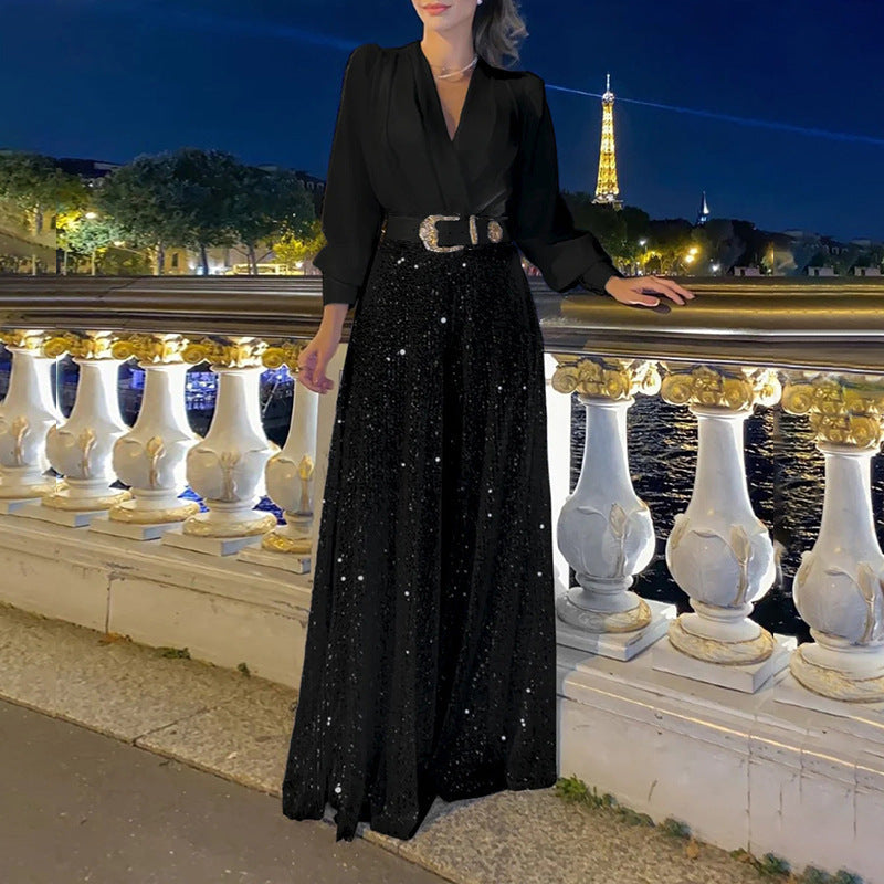 2025 Dress Women's Spring & Fall High-End V Neck Long-Sleeved Shirt Elegant Waist Sequin French Wide-Leg Pants