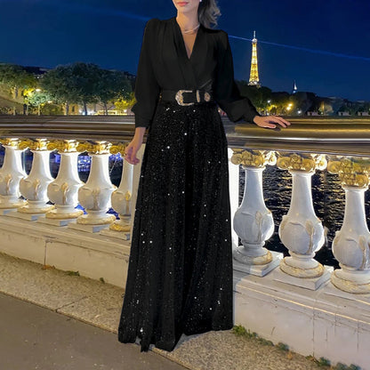 2025 Dress Women's Spring & Fall High-End V Neck Long-Sleeved Shirt Elegant Waist Sequin French Wide-Leg Pants