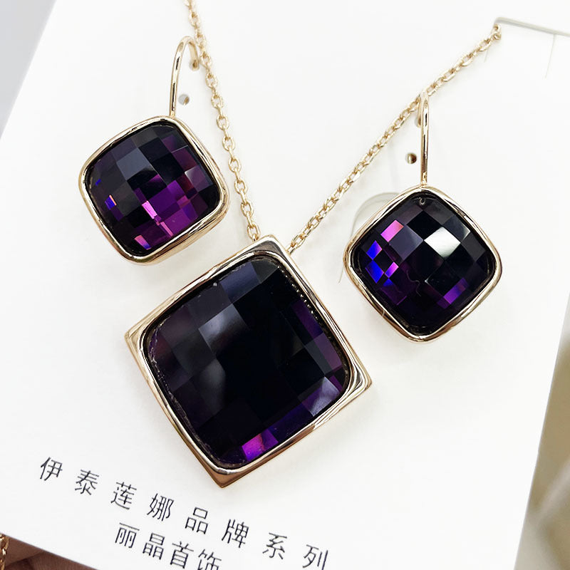 Classic Temperament Square Crystal Necklace Earrings suit European and American Retro Fashion Jewelry Cross-border E-commerce Supply