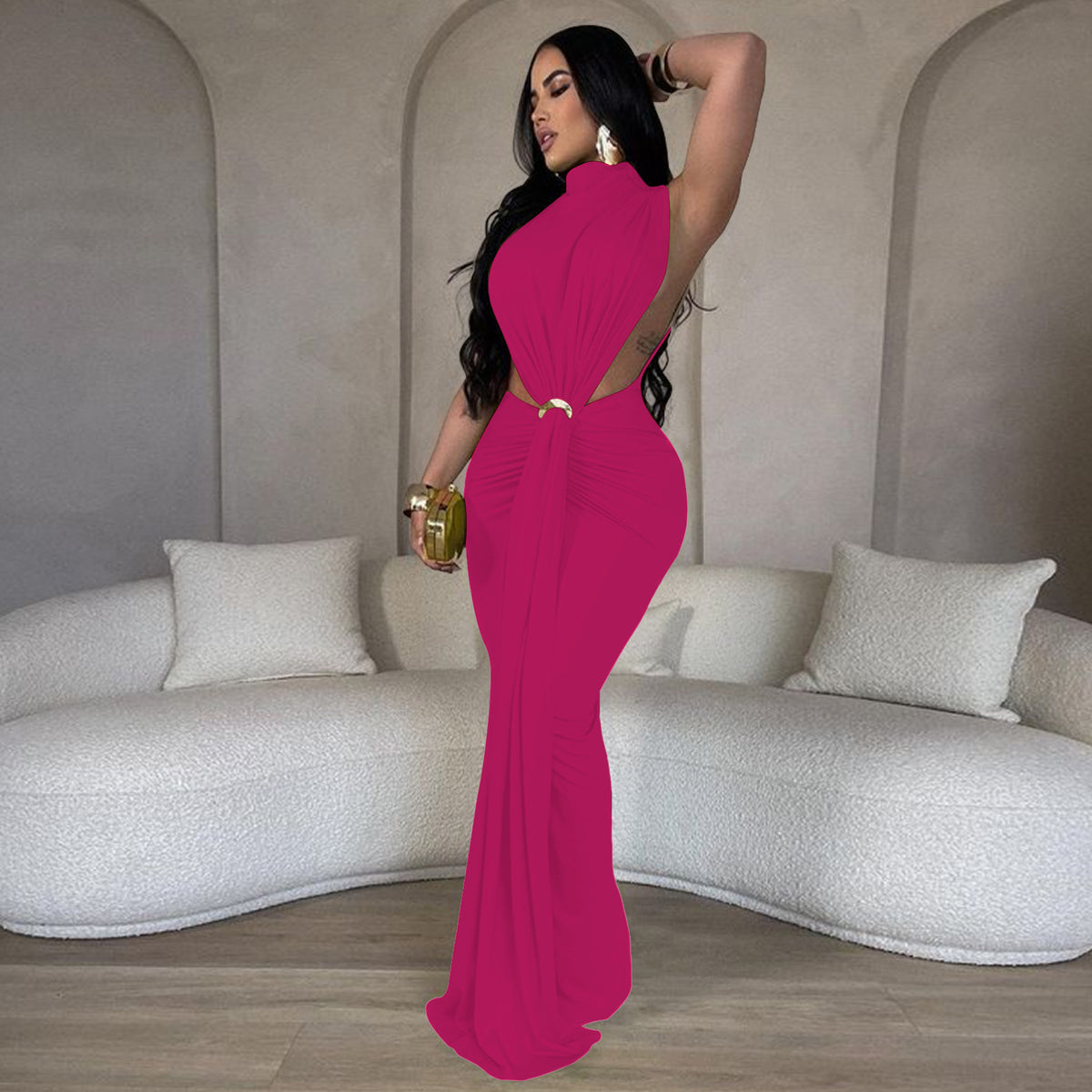 CM.YAYA Women O-neck High Split Ruched Stacked Bodycon Midi Maxi Dress 2024 Evening Party Club Vestidos Sexy Chic Long Dresses