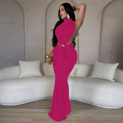 CM.YAYA Women O-neck High Split Ruched Stacked Bodycon Midi Maxi Dress 2024 Evening Party Club Vestidos Sexy Chic Long Dresses