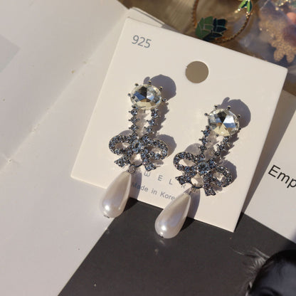 Wholesale Full Diamond Bow Pearl Long Earrings for Women French Sweet High-End Earrings Retro Ear Jewelry 106