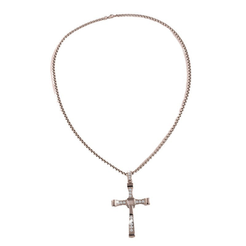 Cross-Border New Hot-Selling Fashion Personality Hip-Hop Stainless Steel Diamond Cross Pendant Necklace High-End Versatile Jewelry