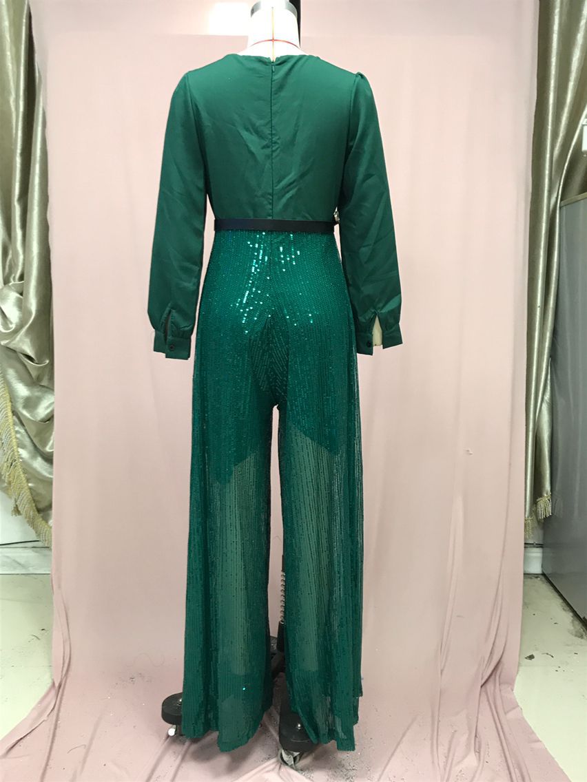 2025 Dress Women's Spring & Fall High-End V Neck Long-Sleeved Shirt Elegant Waist Sequin French Wide-Leg Pants