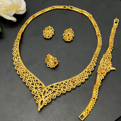 24K Gold Dubai Explosions Bride Four-piece Flower Rhinestone Jewelry Alloy Necklace Bracelet Earrings Ring