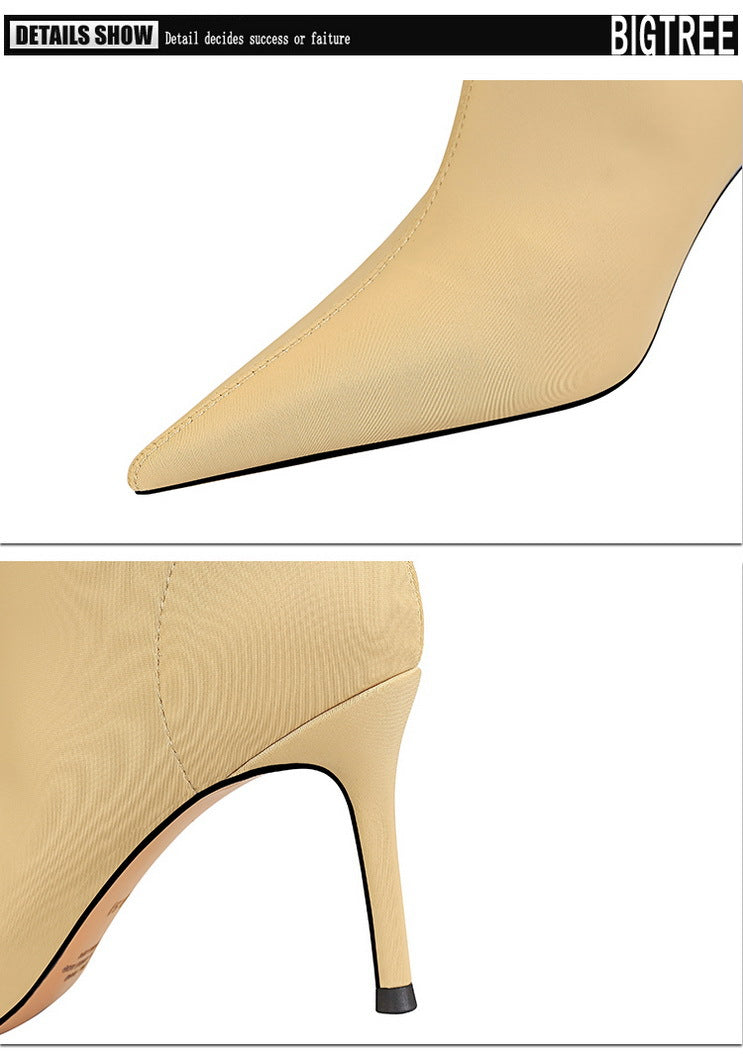 BIGTREE Shoes Stiletto Sexy Elastic Boots Women Shoes Sexy Stretch Fabric Ankle Boots Pointed Tip High Heels Boots Plus Size 43