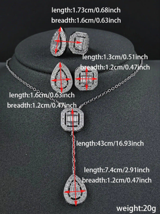 Amazon Fashion Cross-border New Square Long Zircon Earrings Ring Necklace Jewelry Three-piece Set j6138