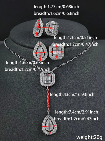 Amazon Fashion Cross-border New Square Long Zircon Earrings Ring Necklace Jewelry Three-piece Set j6138