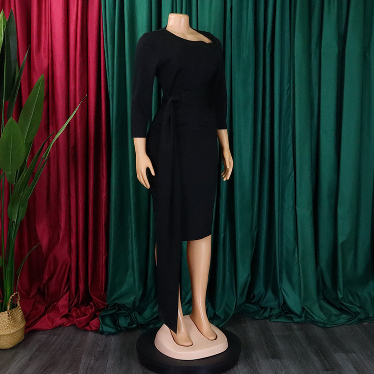 D3168 European and American Clothing Summer Office Dress Three-Quarter Sleeve Pleated Strap Professional Large Size African Dress