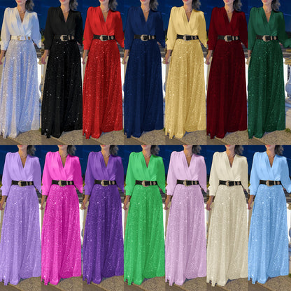 2025 Dress Women's Spring & Fall High-End V Neck Long-Sleeved Shirt Elegant Waist Sequin French Wide-Leg Pants