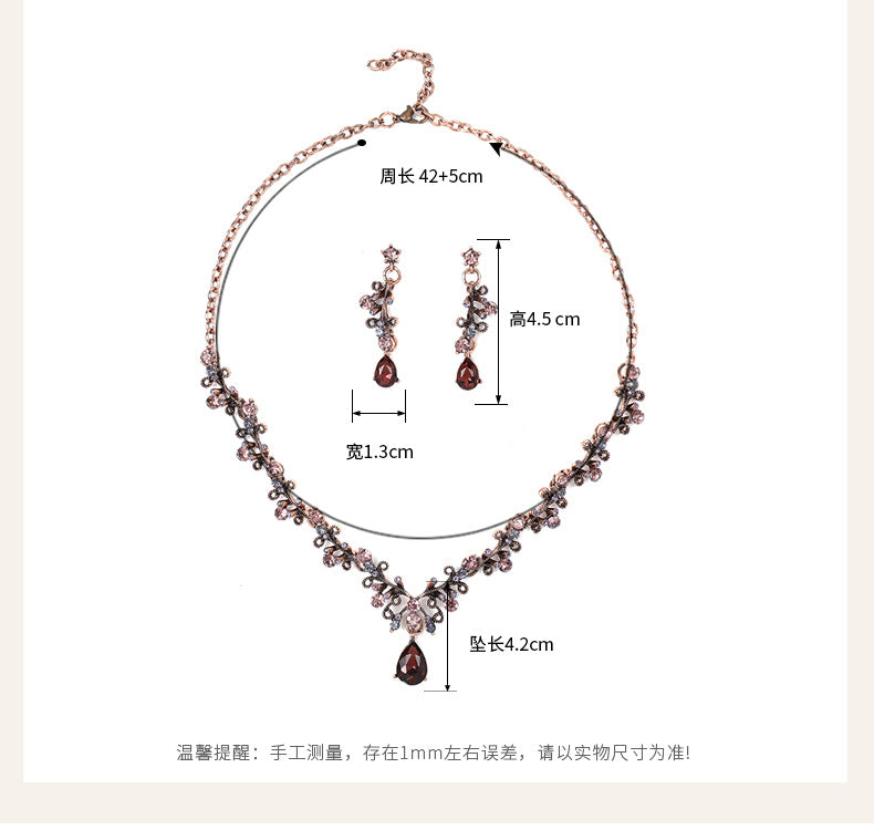 European and American Foreign Trade Jewelry Retro Jewelry Set Gemstone Necklace Clavicle Chain Cross-Border Female Leaf Water Drop Spot Straight Hair
