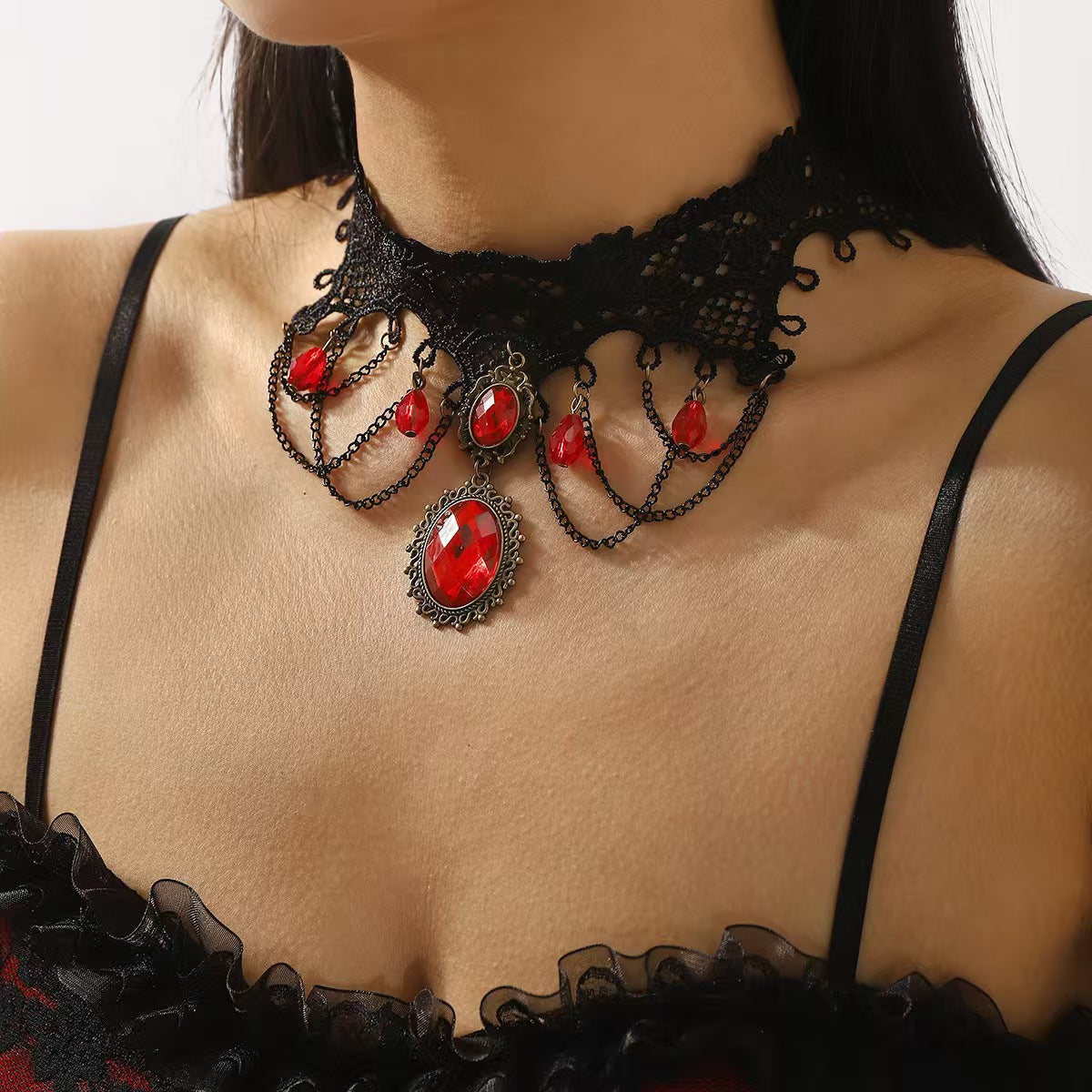 European and American Cross-Border Jewelry Gothic Style Halloween Cross Gemstone Necklace Niche Lace Tassel Necklace Accessories