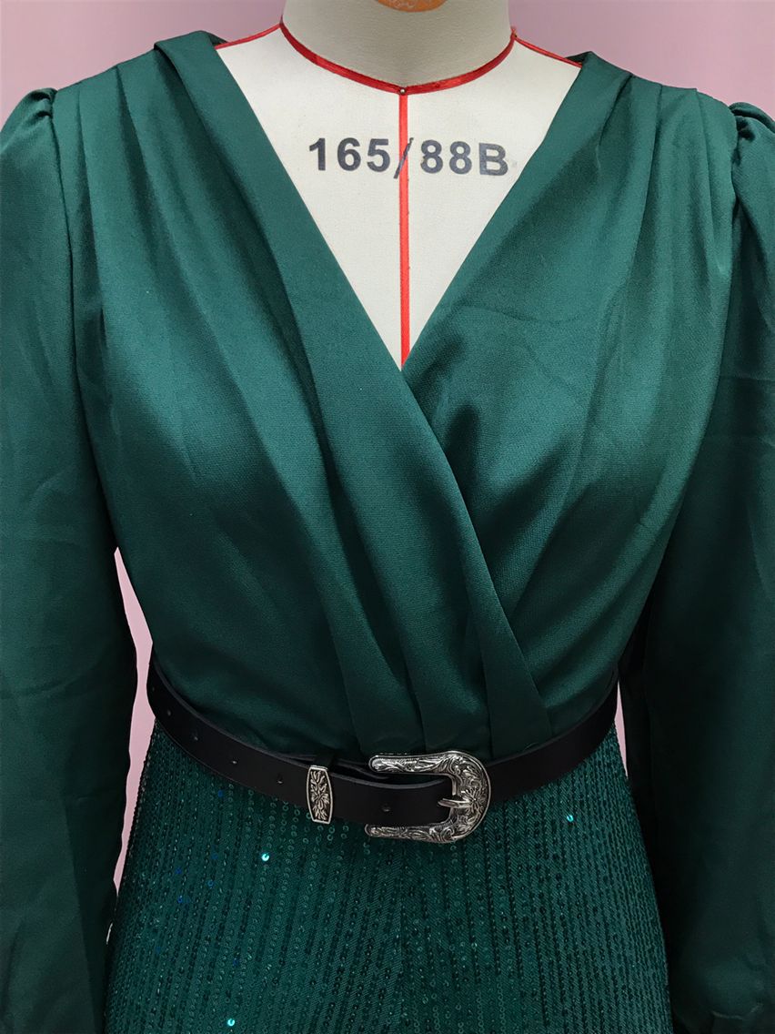 2025 Dress Women's Spring & Fall High-End V Neck Long-Sleeved Shirt Elegant Waist Sequin French Wide-Leg Pants