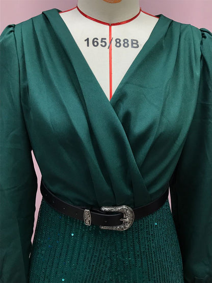 2025 Dress Women's Spring & Fall High-End V Neck Long-Sleeved Shirt Elegant Waist Sequin French Wide-Leg Pants