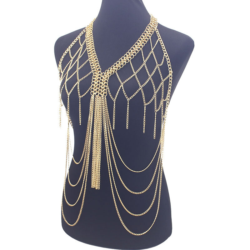 European and American Cross-Border Jewelry Women's Metal Mesh Cut Out Tassel Multi-Layer Chest Chain Nightclub Performance Fashion Clothing Accessories