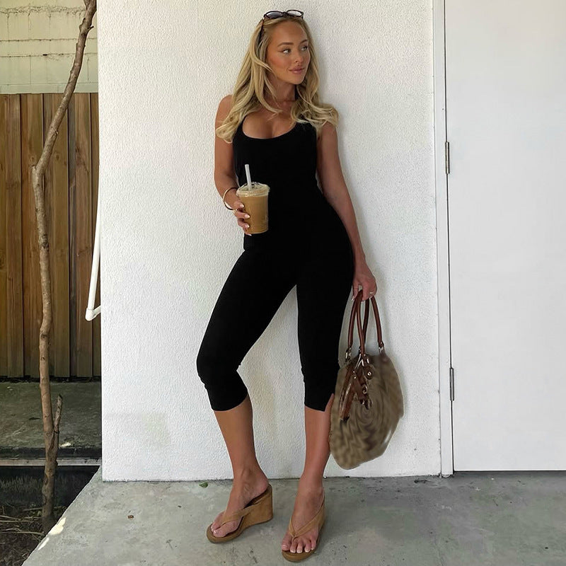 BKQU Casual Simple Halter Playsuits Women Solid Low-Neck Backless Stretch Skinny One Piece Rompers Yogo Sporty Classic Overalls