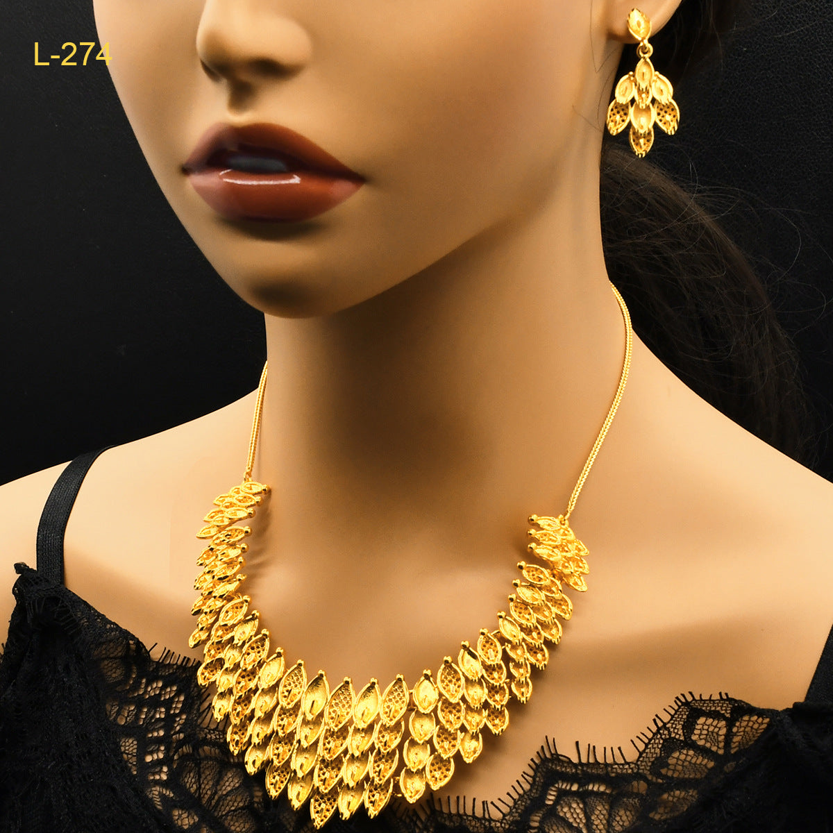 Imitation gold flower necklace earrings suit Dubai India Nigeria brass gold plated women wedding jewelry lot