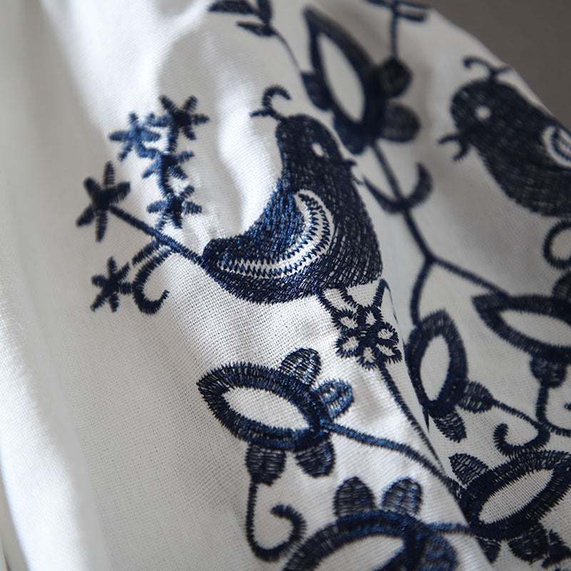 European Station Fashion Ethnic Style Lantern Sleeve Cotton Linen Long Sleeve Heavy Industry Embroidered Loose Casual Shirt Women's Autumn Top