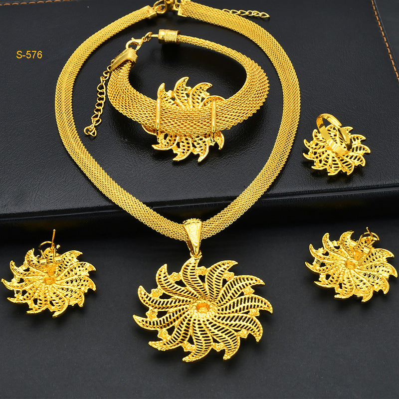24K Gold Dubai Explosions Bride Four-piece Flower Rhinestone Jewelry Alloy Necklace Bracelet Earrings Ring