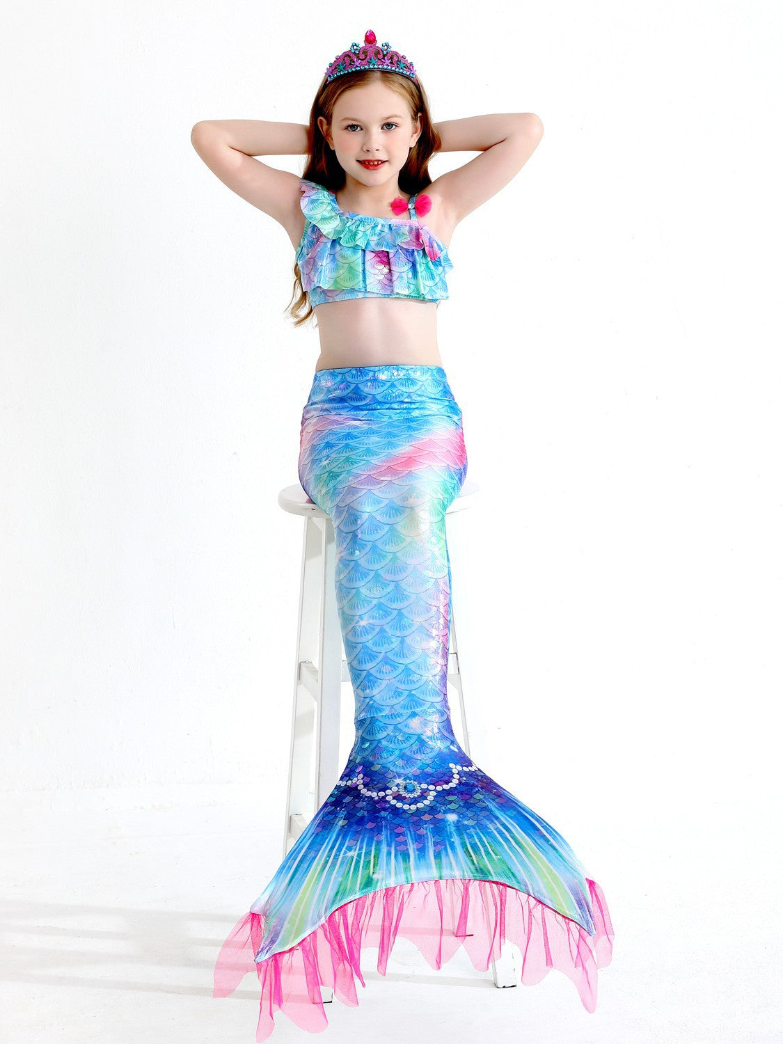 Girls' Mermaid Swimsuit Three-Piece Set Mermaid Tail Cross-Border Popular Bikini Swimsuit Beach Swimwear Shiny