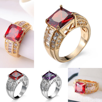 Cross-border Hot Gold-plated Jewelry Men's and Women's Wedding Ring Jewelry Garnet Red Zircon Ring Women's Design Sense Niche Jewelry Trendy