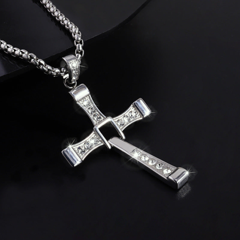 Cross-Border New Hot-Selling Fashion Personality Hip-Hop Stainless Steel Diamond Cross Pendant Necklace High-End Versatile Jewelry